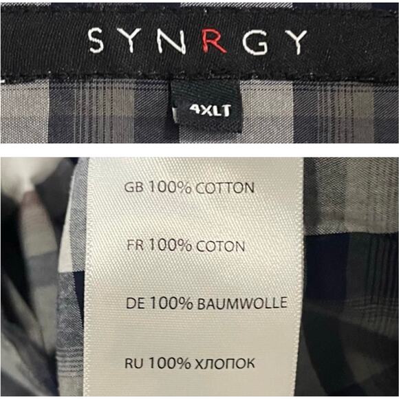 Synrgy Black Gray White Plaid Button Down Dress Shirt 4XLT TALL - Picture 3 of 4